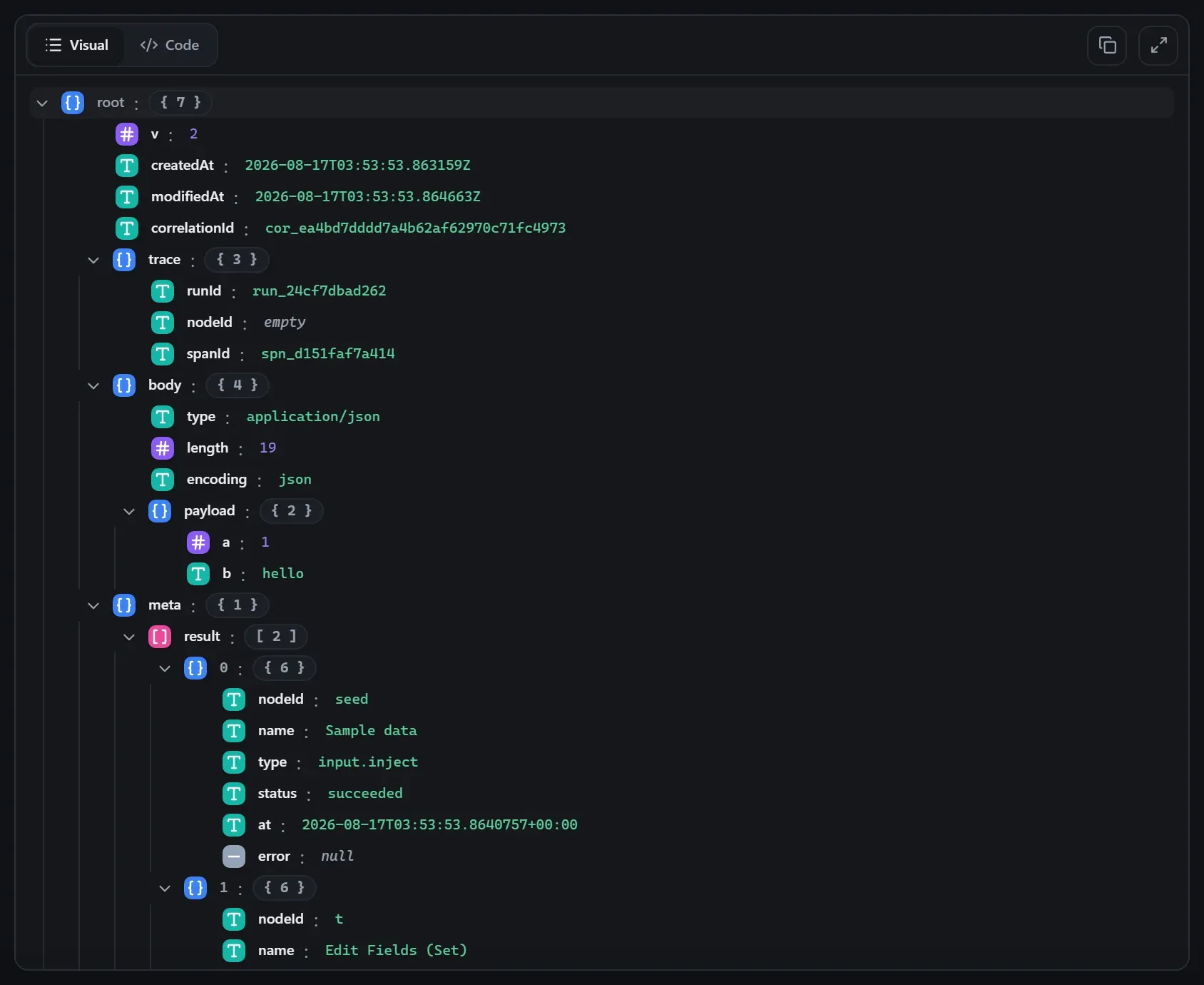 The Edit Fields (Set) node's output envelope in the run data viewer