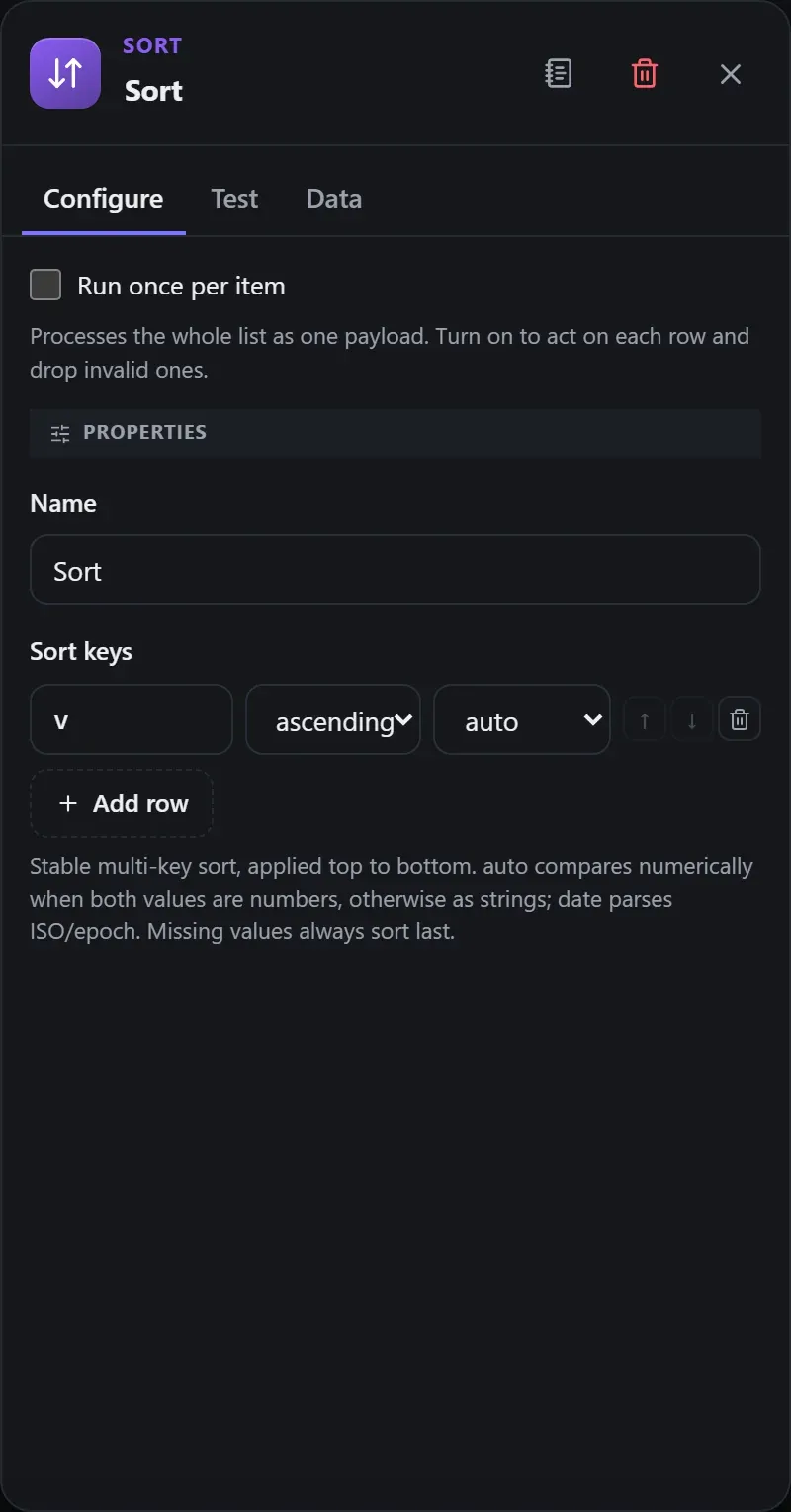 The Sort node's Configure panel in the Studio builder