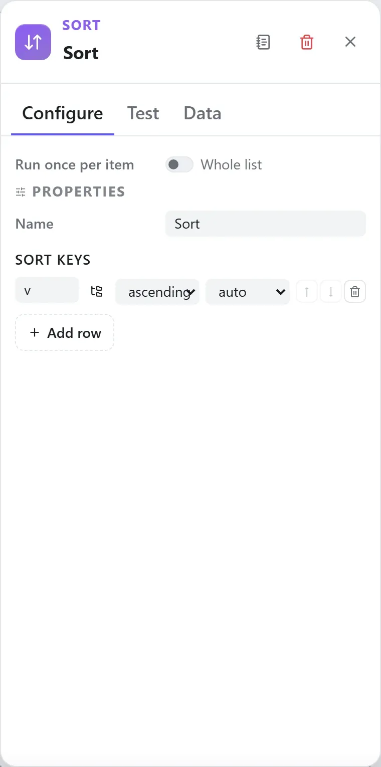 The Sort node's settings in the Studio builder