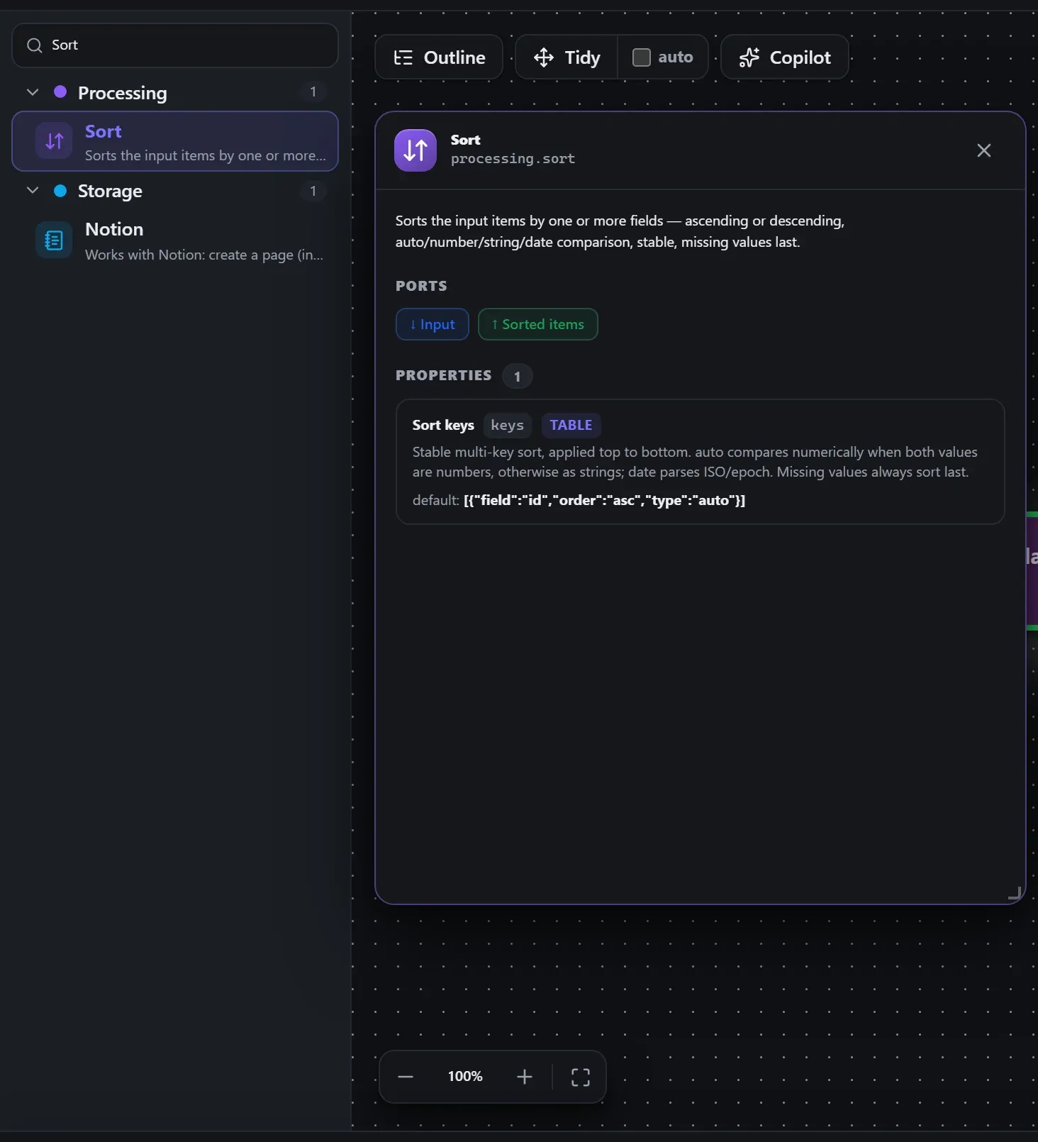 Sort in the node library, with the in-editor docs panel open