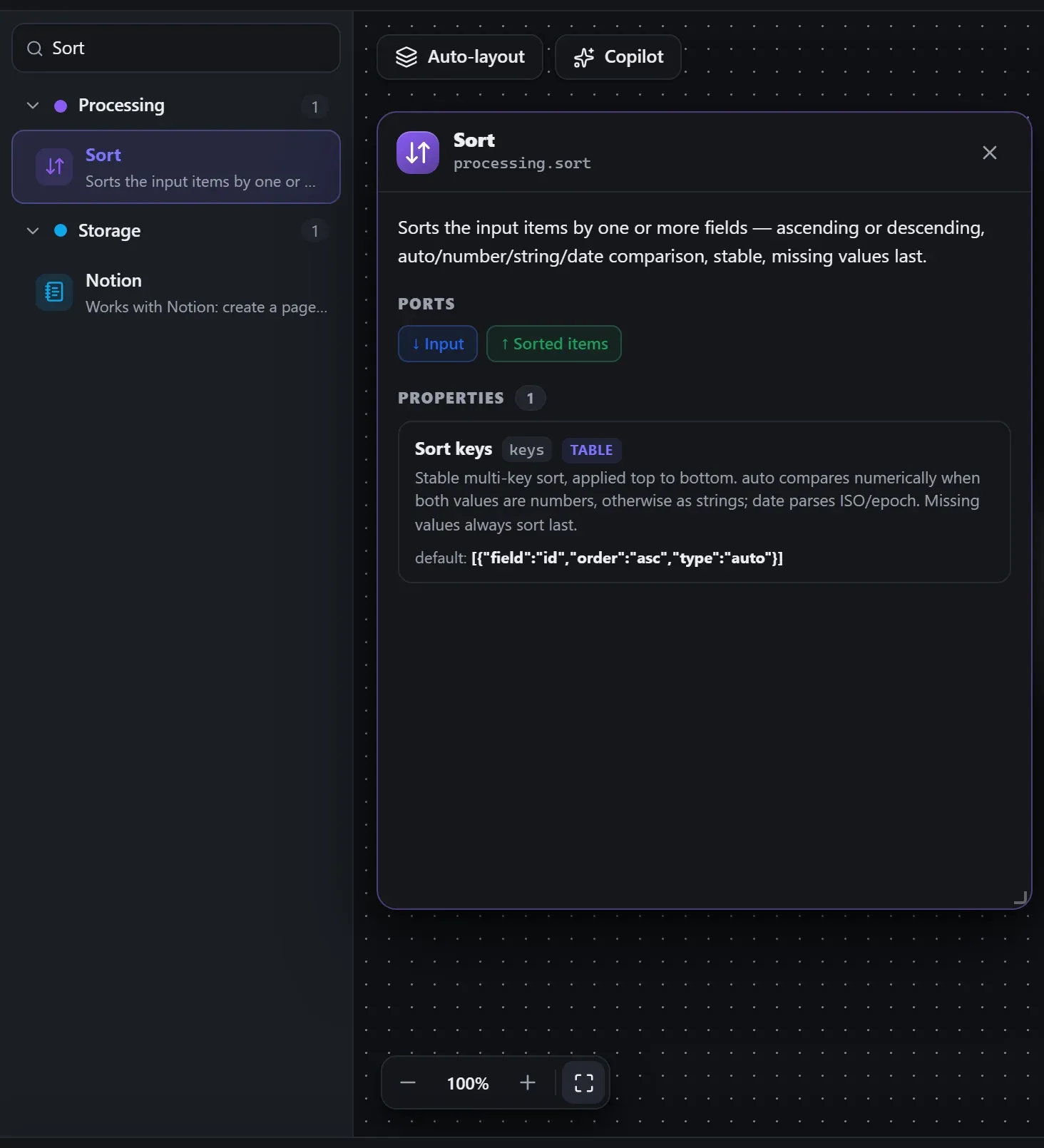 Sort in the node library, with the in-editor docs panel open