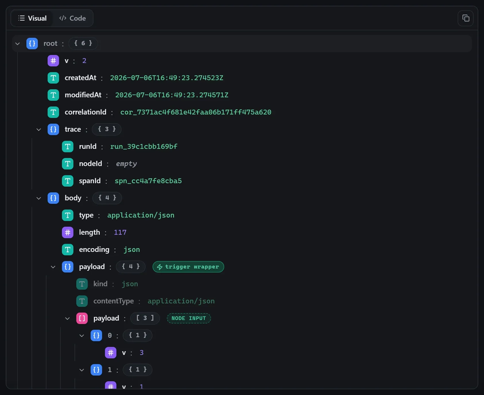 The Sort node's input envelope in the run data viewer