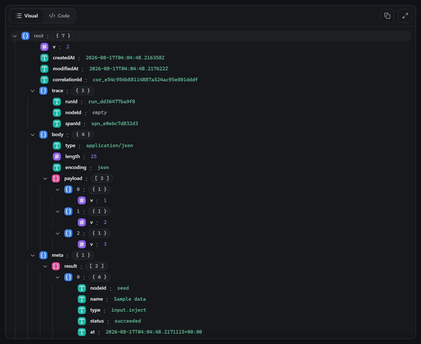 The Sort node's output envelope in the run data viewer