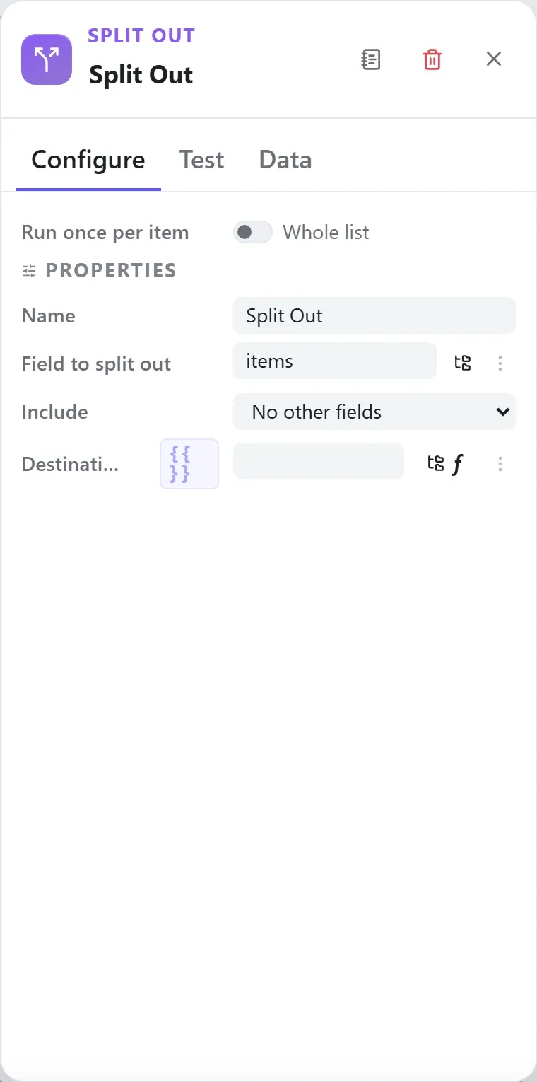 The Split Out node's settings in the Studio builder