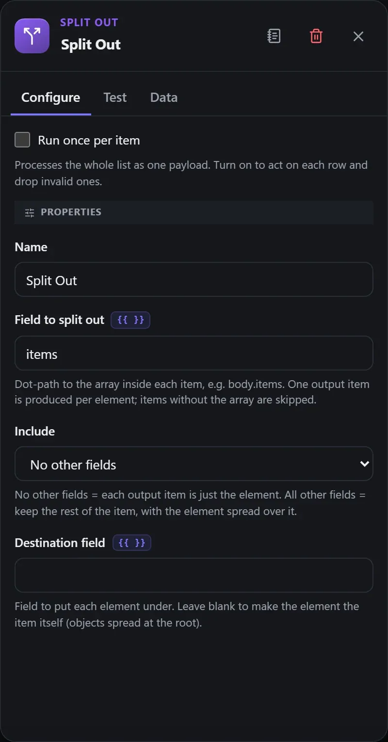 The Split Out node's Configure panel in the Studio builder