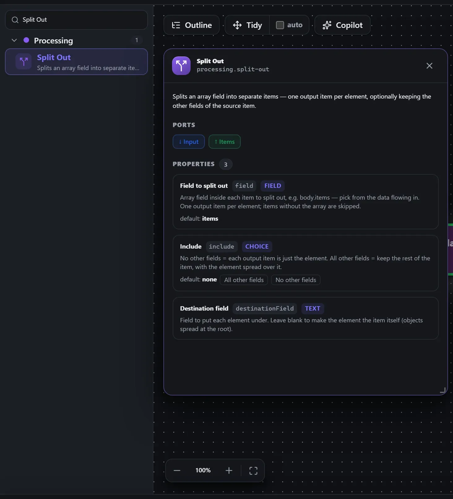 Split Out in the node library, with the in-editor docs panel open