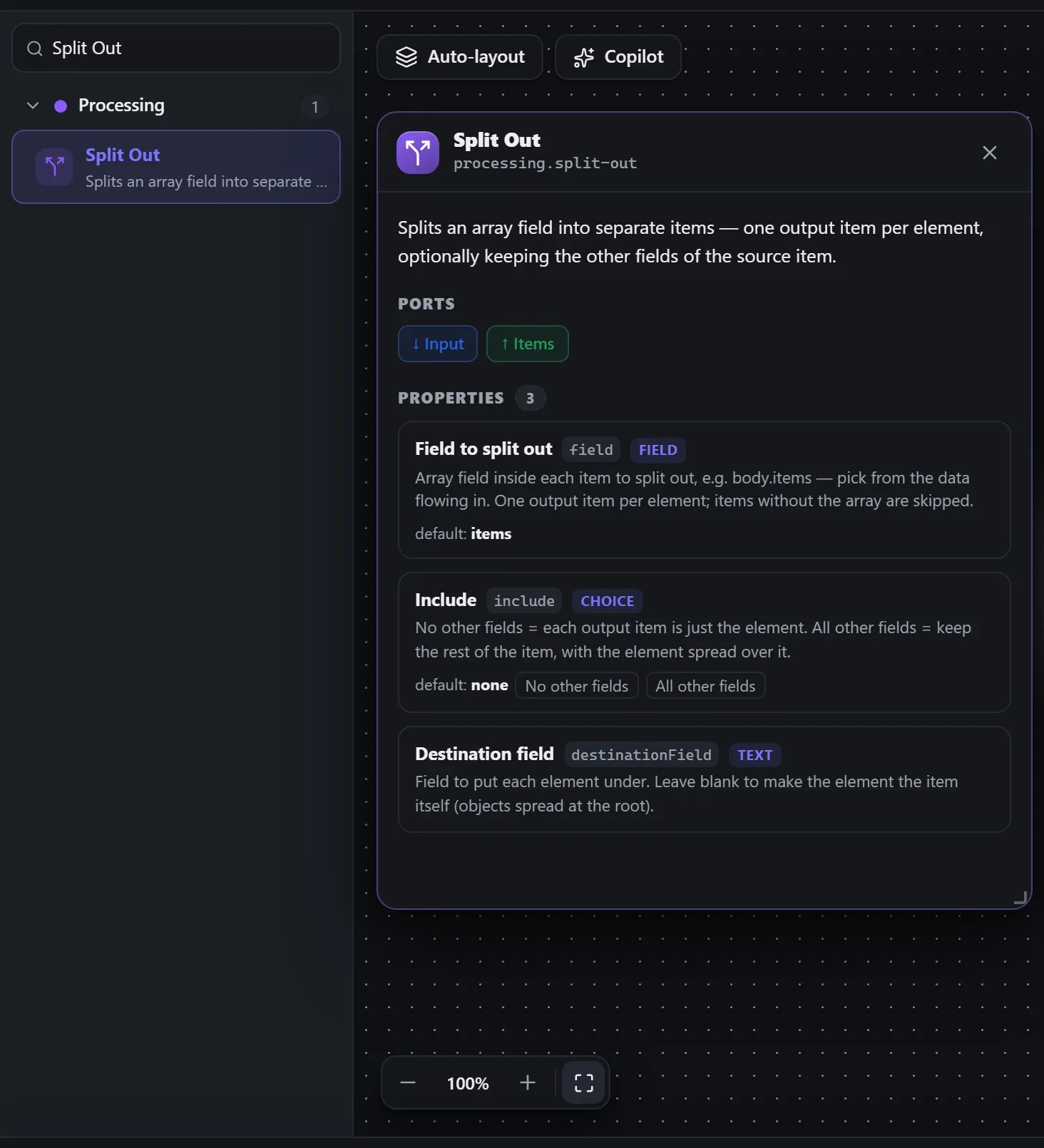 Split Out in the node library, with the in-editor docs panel open