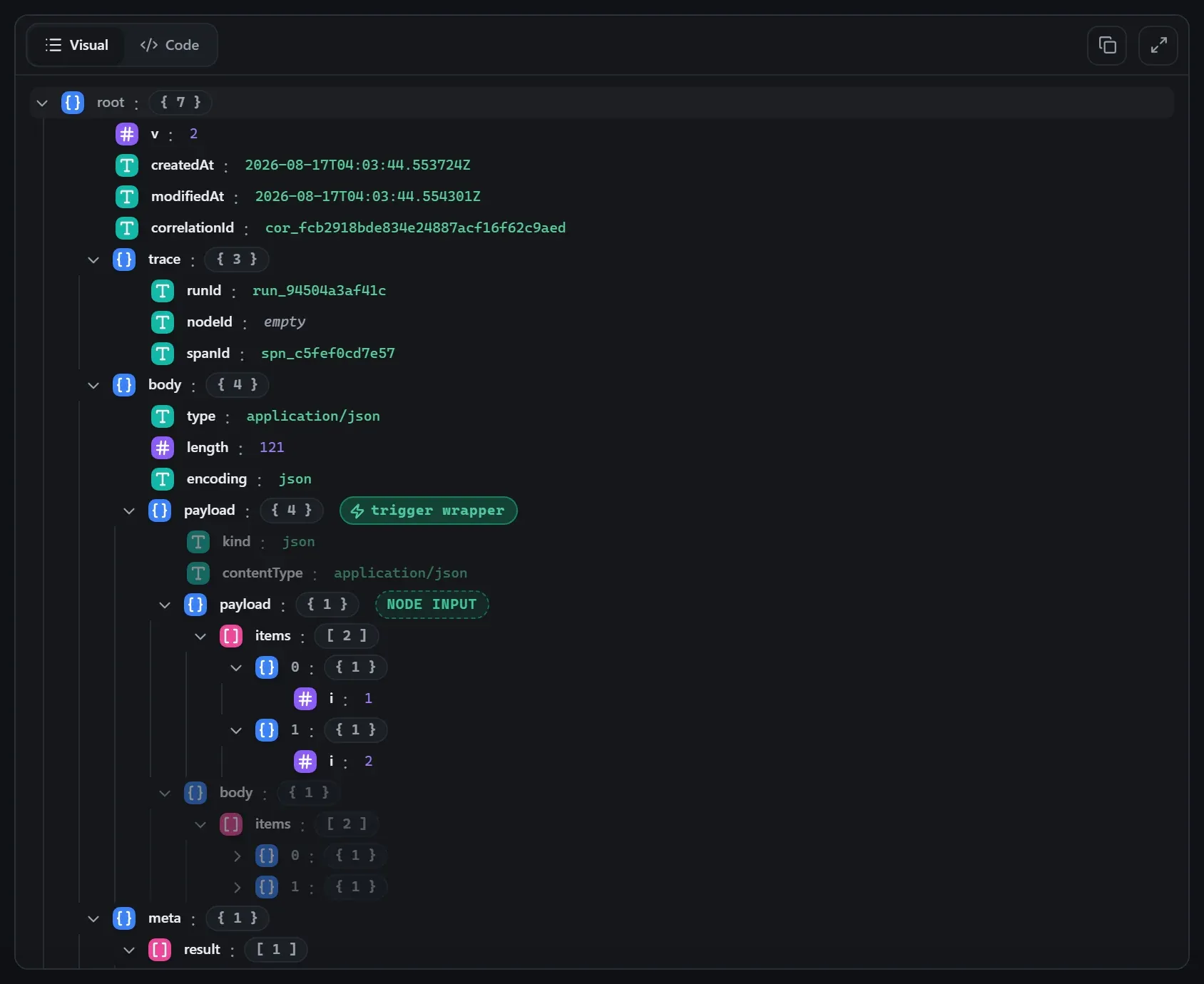 The Split Out node's input envelope in the run data viewer