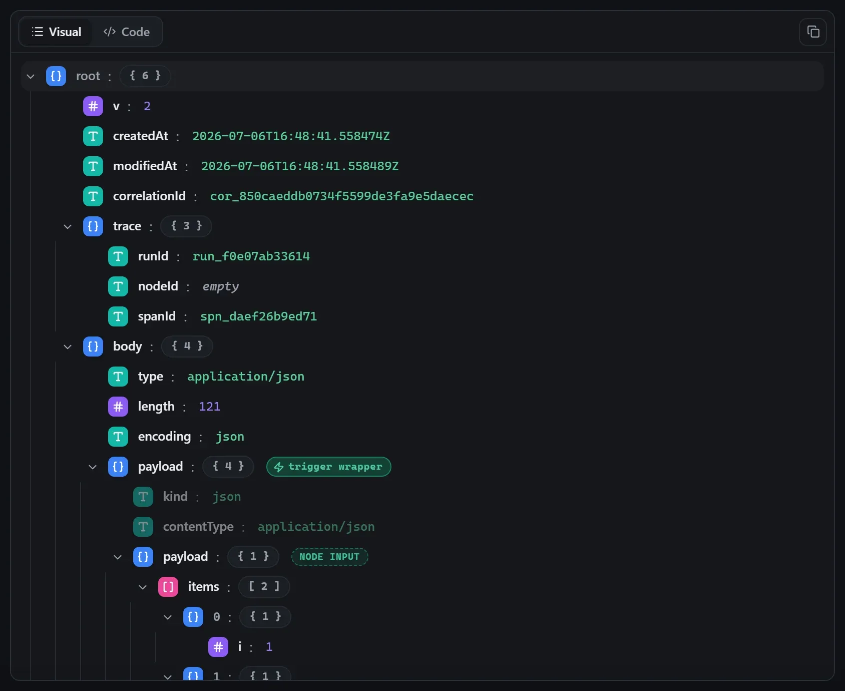 The Split Out node's input envelope in the run data viewer