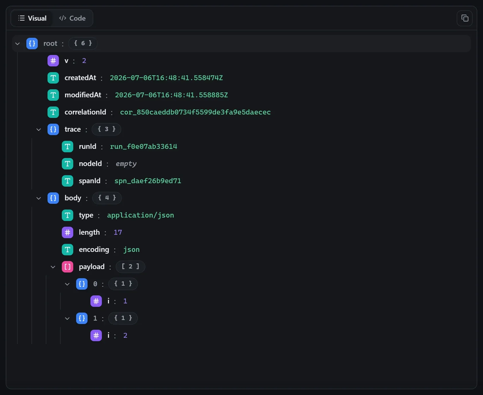The Split Out node's output envelope in the run data viewer