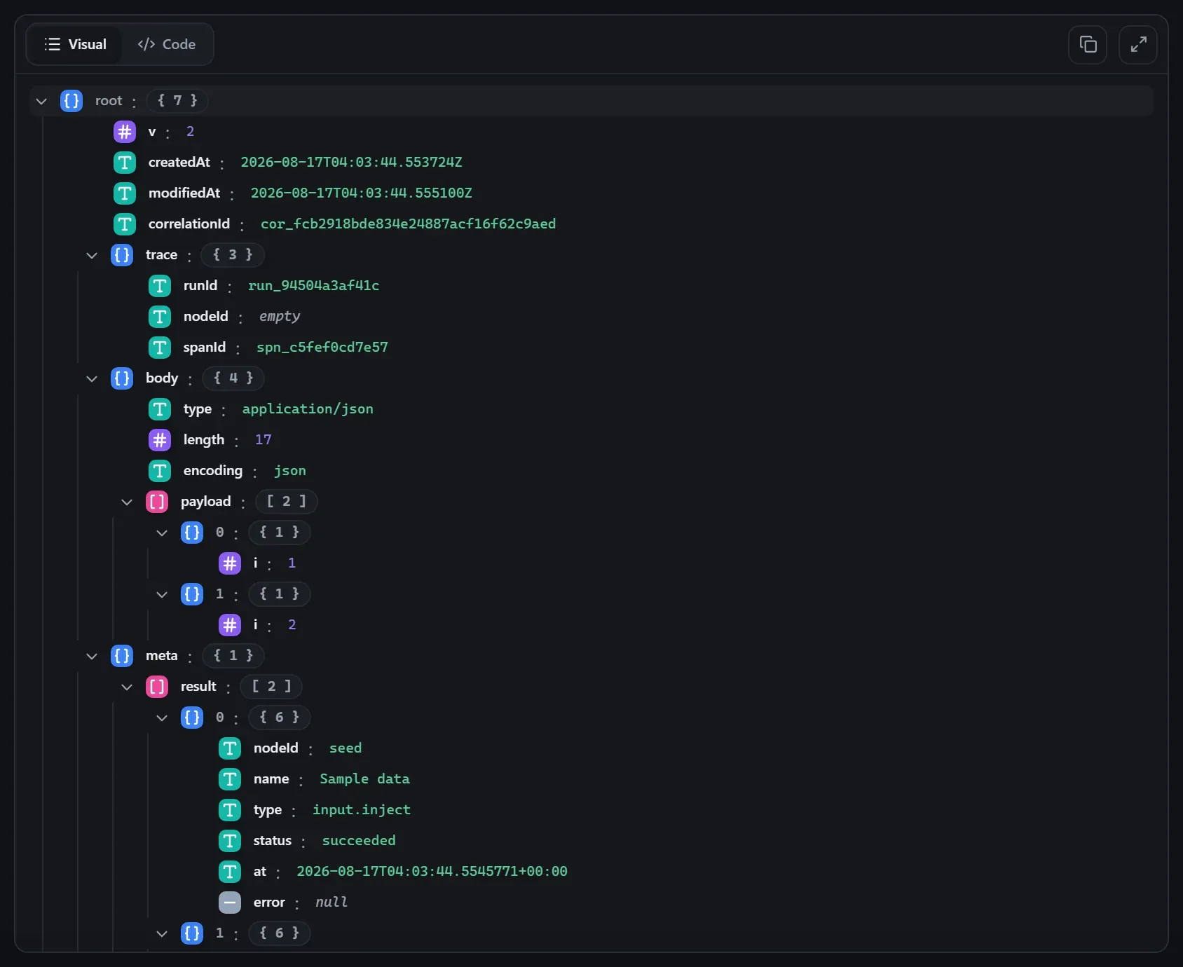 The Split Out node's output envelope in the run data viewer