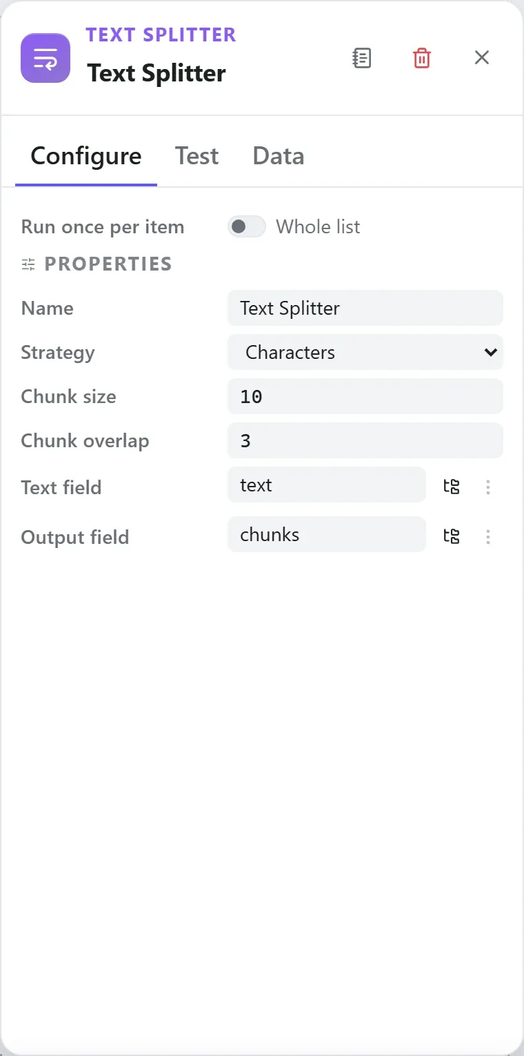 The Text Splitter node's settings in the Studio builder