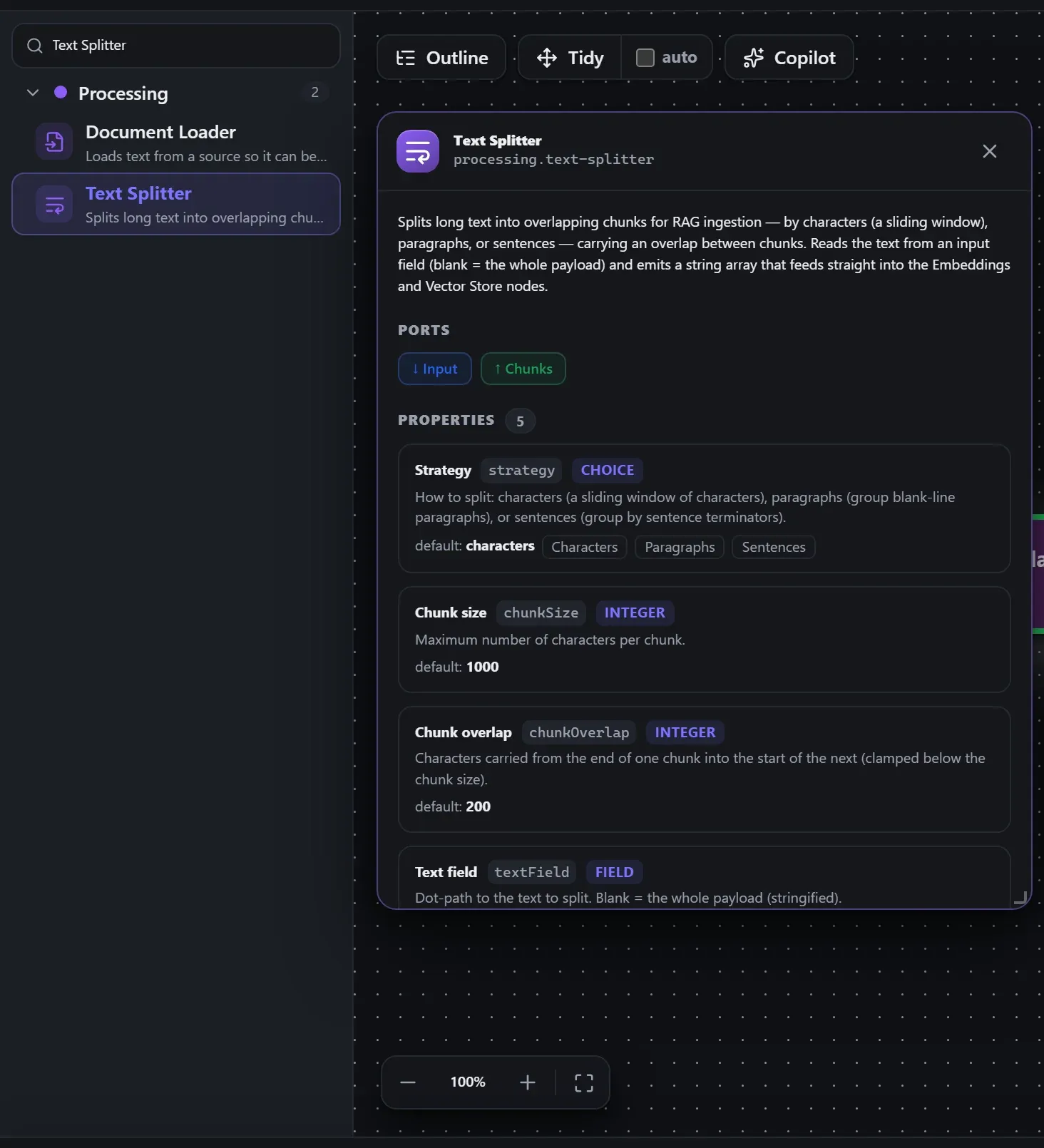 Text Splitter in the node library, with the in-editor docs panel open