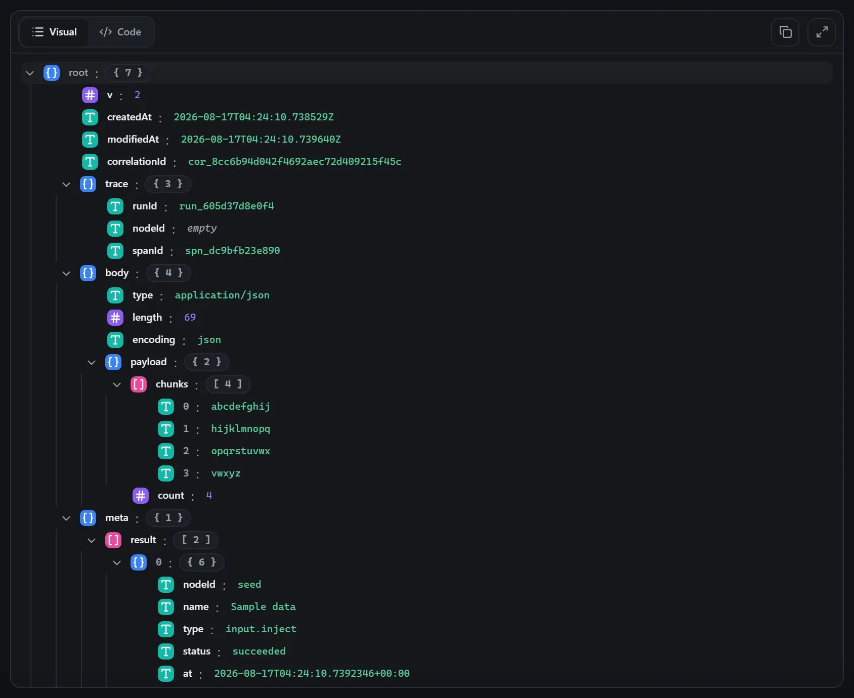 The Text Splitter node's output envelope in the run data viewer