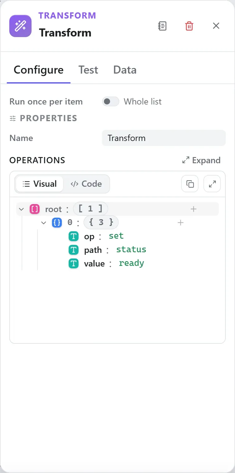 The Transform node's settings in the Studio builder