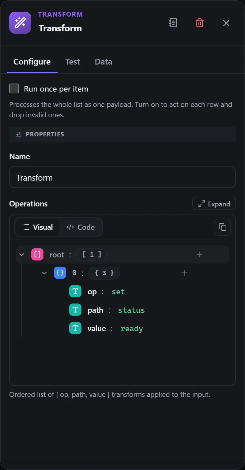 The Transform node's Configure panel in the Studio builder