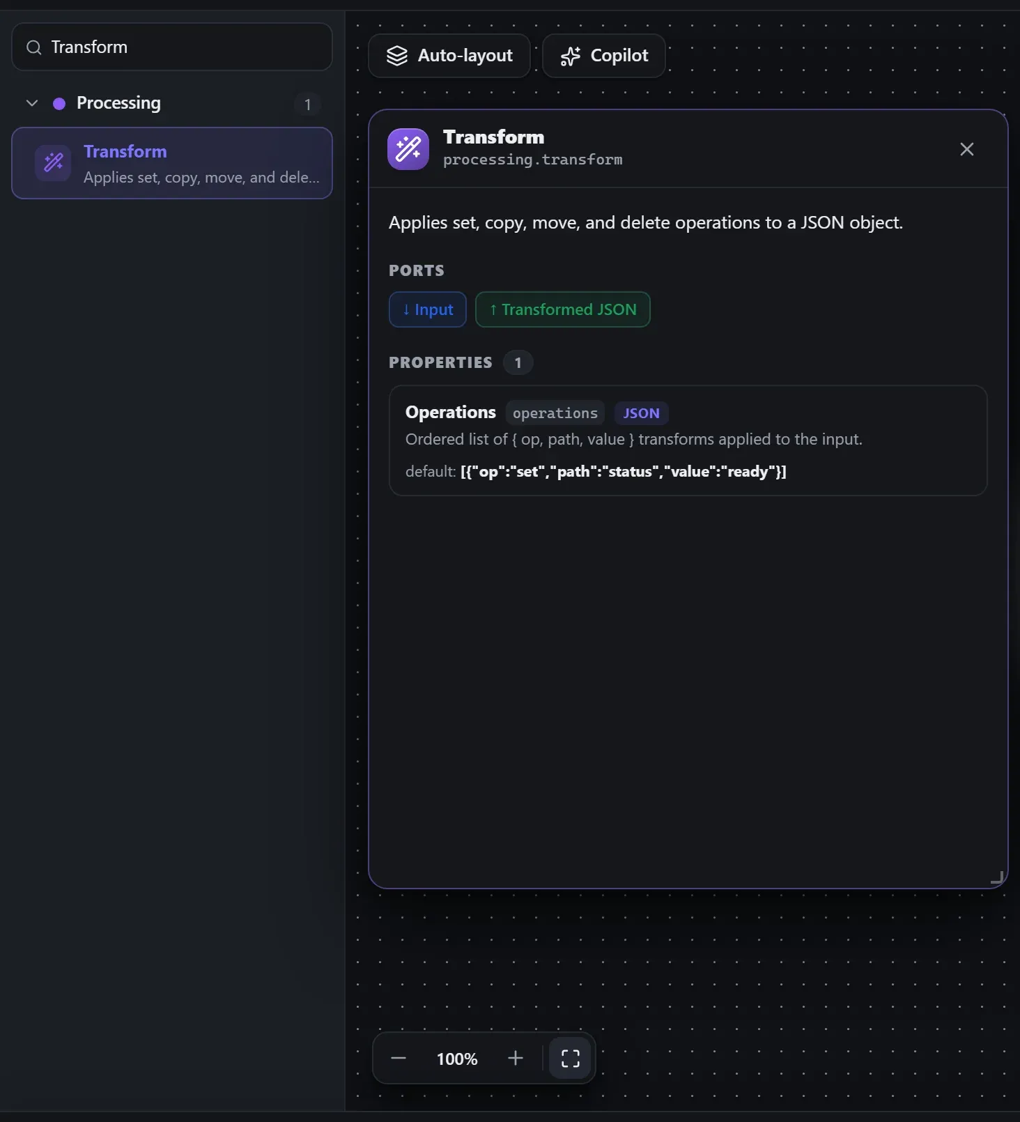Transform in the node library, with the in-editor docs panel open