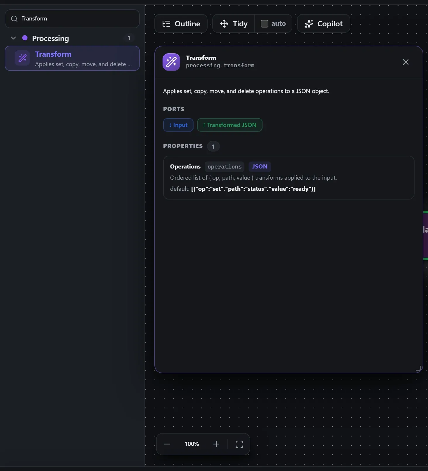 Transform in the node library, with the in-editor docs panel open