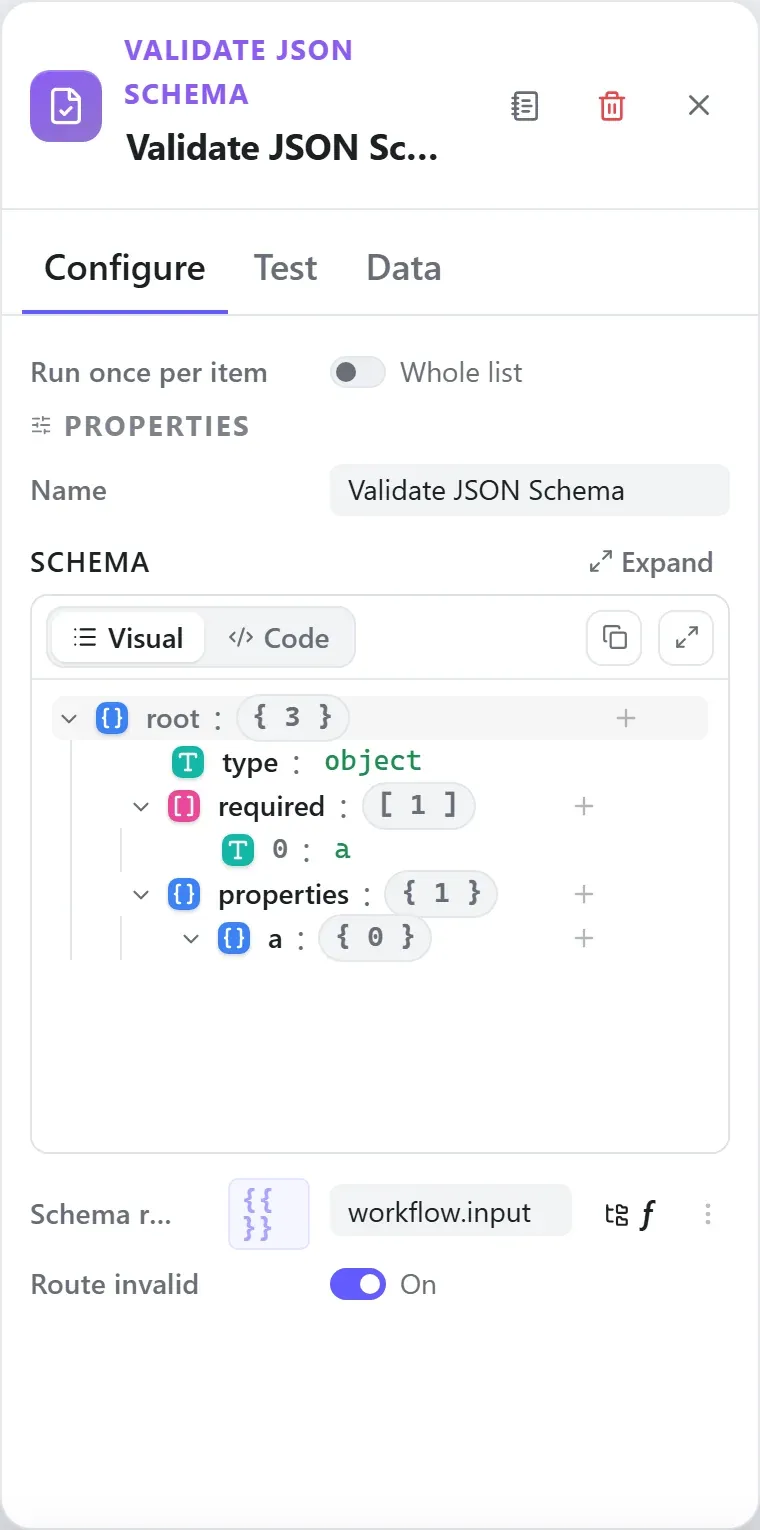 The Validate JSON Schema node's settings in the Studio builder