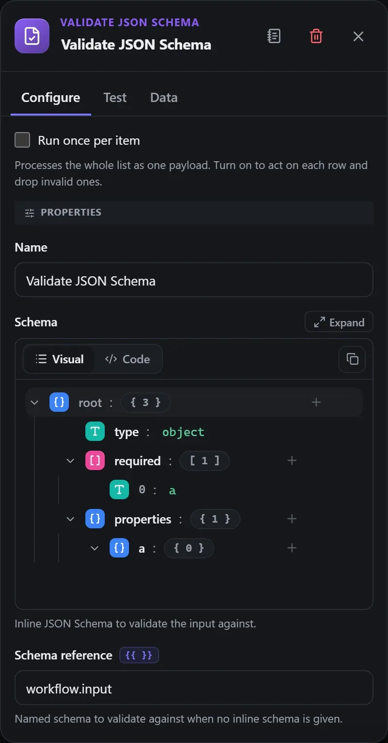 The Validate JSON Schema node's Configure panel in the Studio builder