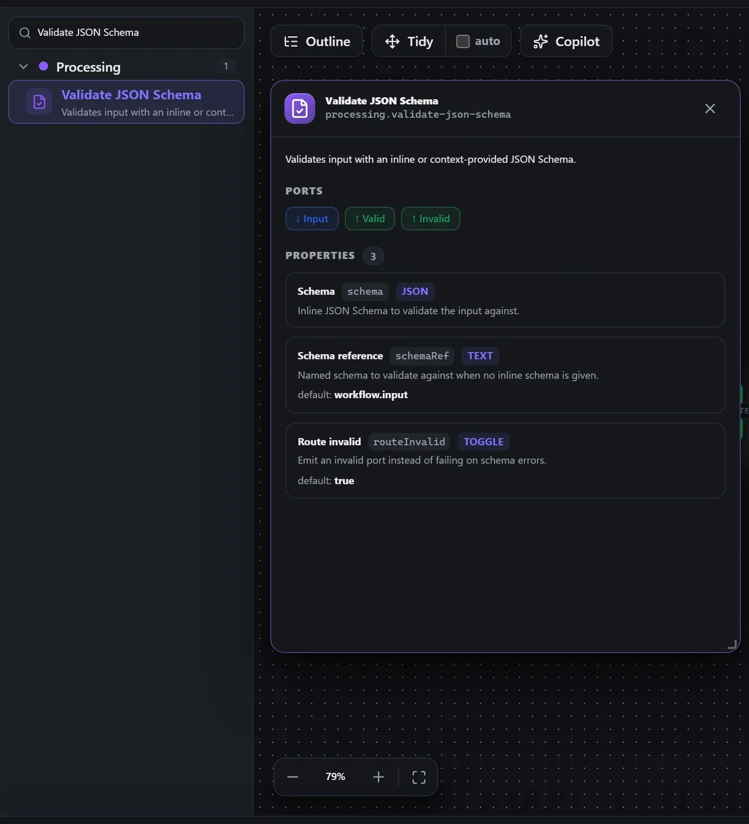 Validate JSON Schema in the node library, with the in-editor docs panel open