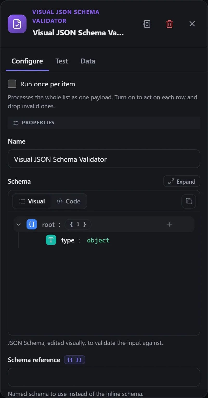 The Visual JSON Schema Validator node's Configure panel in the Studio builder