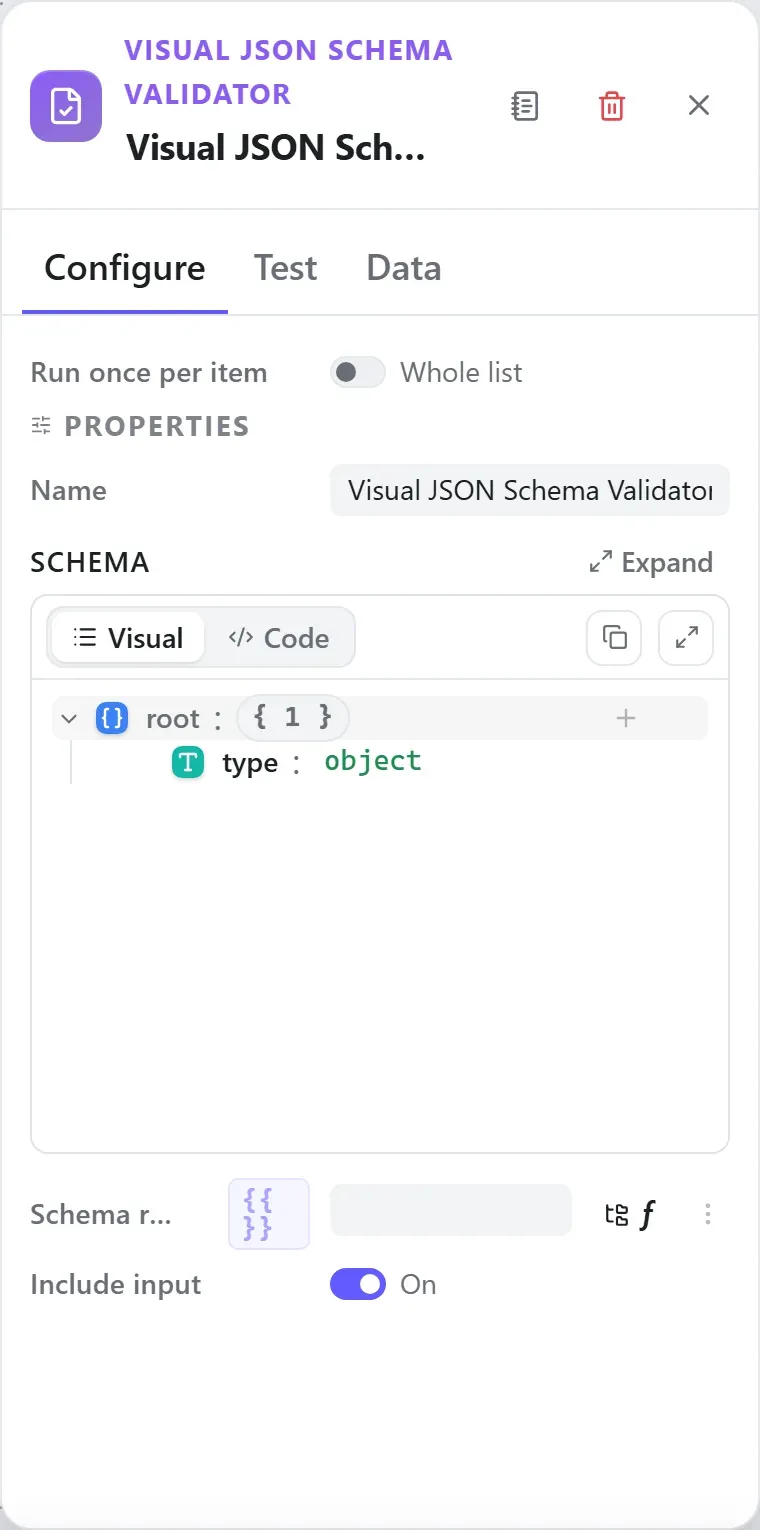 The Visual JSON Schema Validator node's settings in the Studio builder