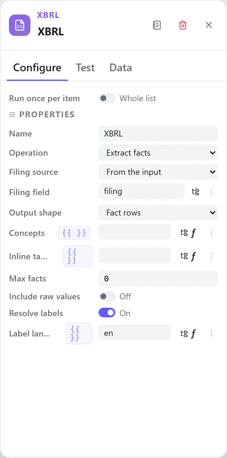 The XBRL node's settings in the Studio builder