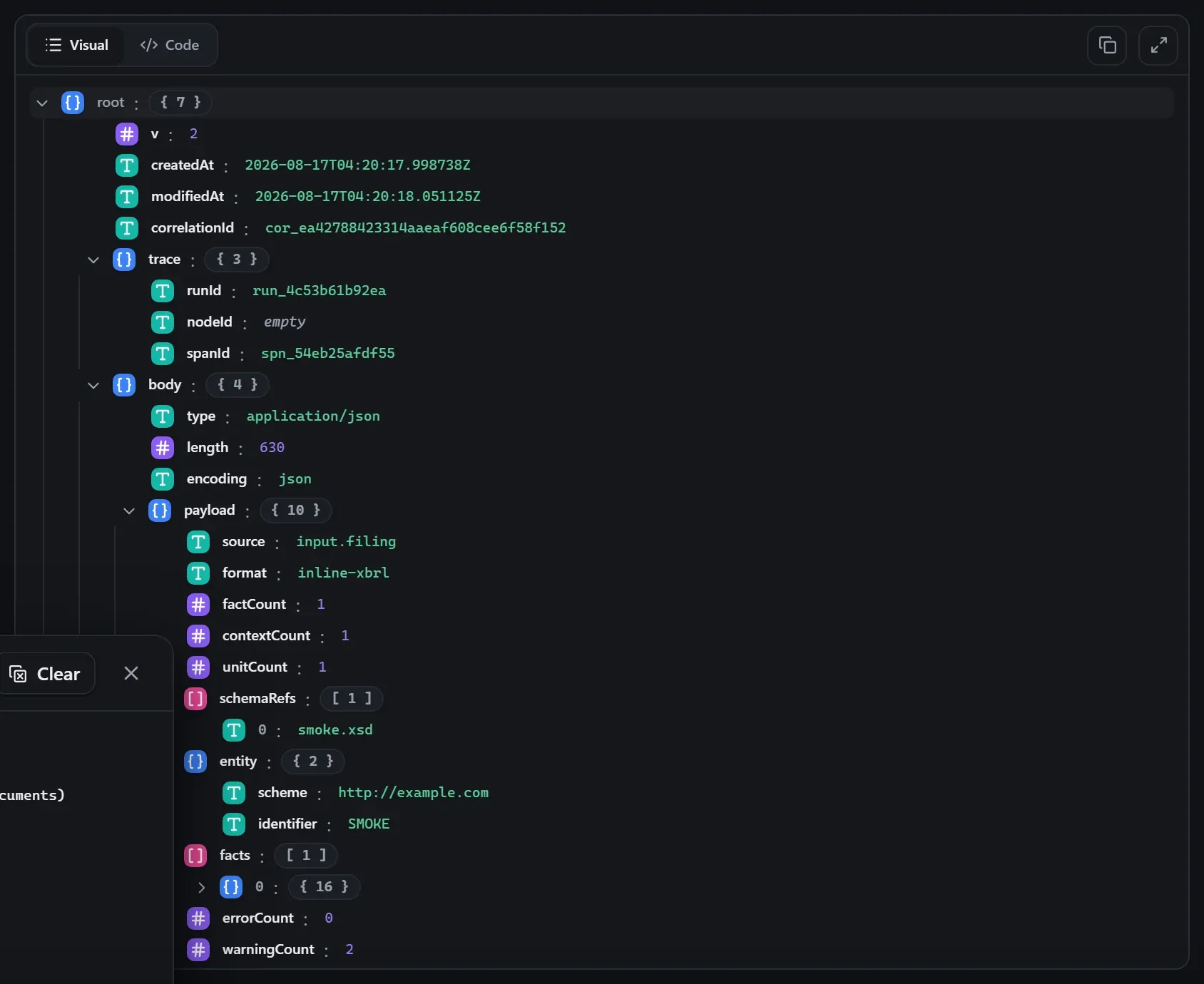 The XBRL node's output envelope in the run data viewer