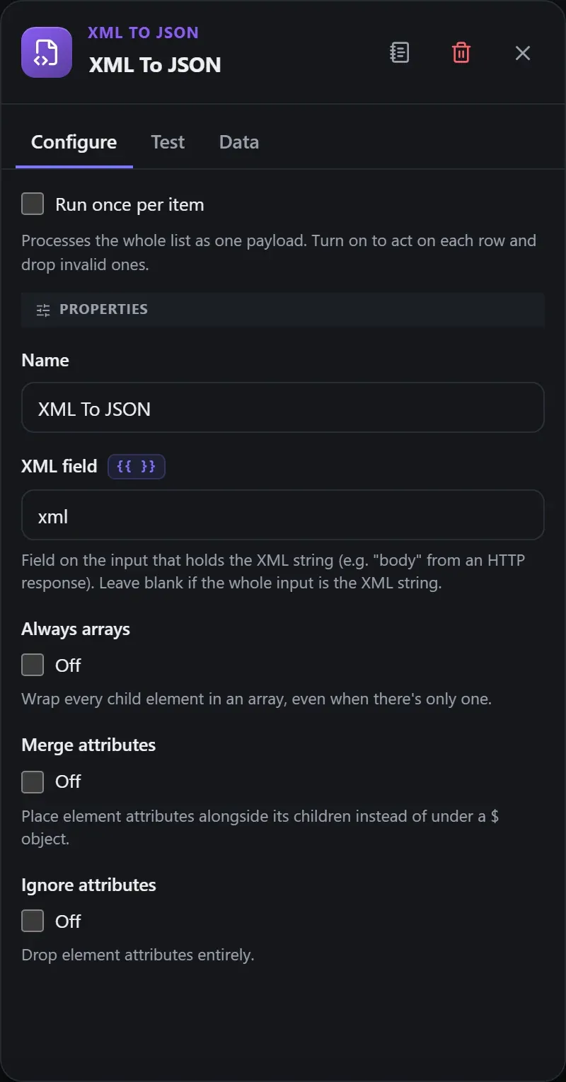 The XML To JSON node's Configure panel in the Studio builder