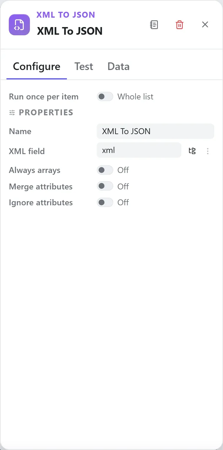 The XML To JSON node's settings in the Studio builder