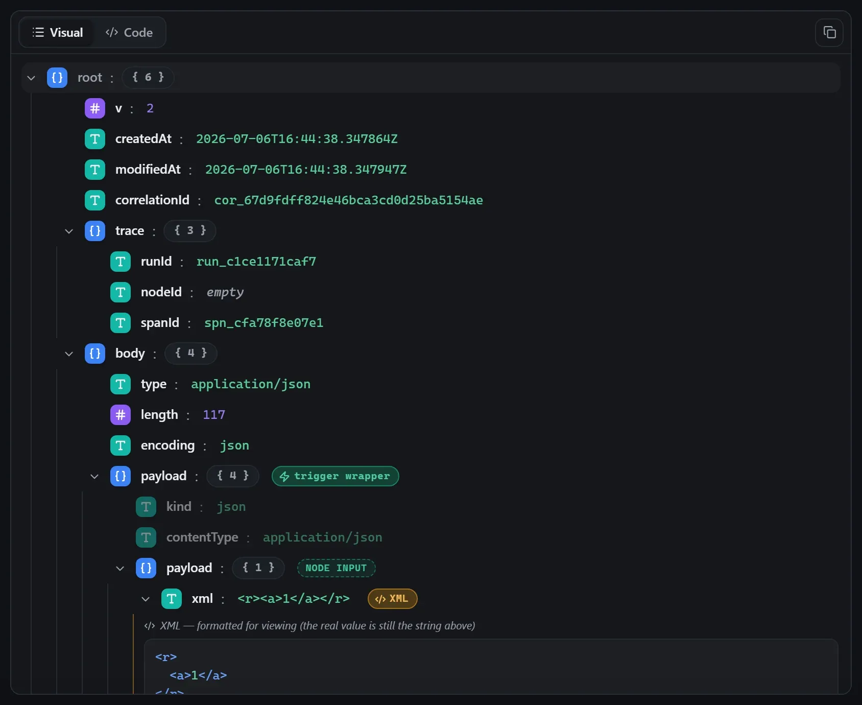 The XML To JSON node's input envelope in the run data viewer