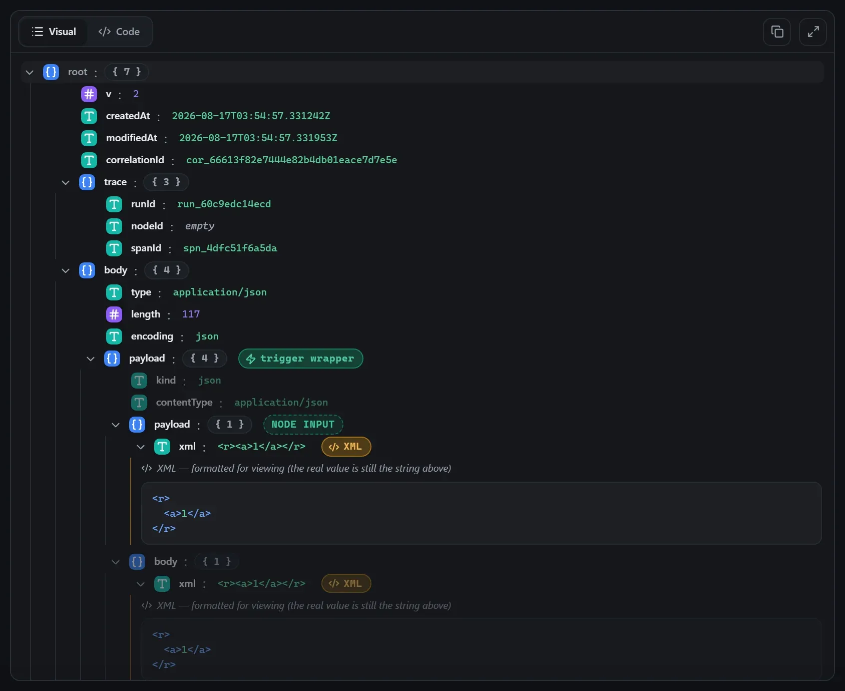 The XML To JSON node's input envelope in the run data viewer