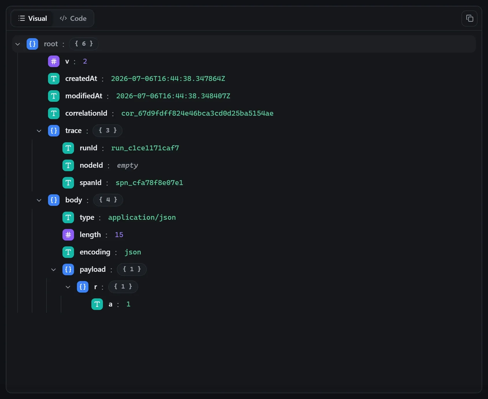 The XML To JSON node's output envelope in the run data viewer