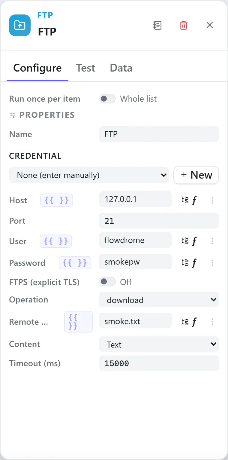 The FTP node's settings in the Studio builder