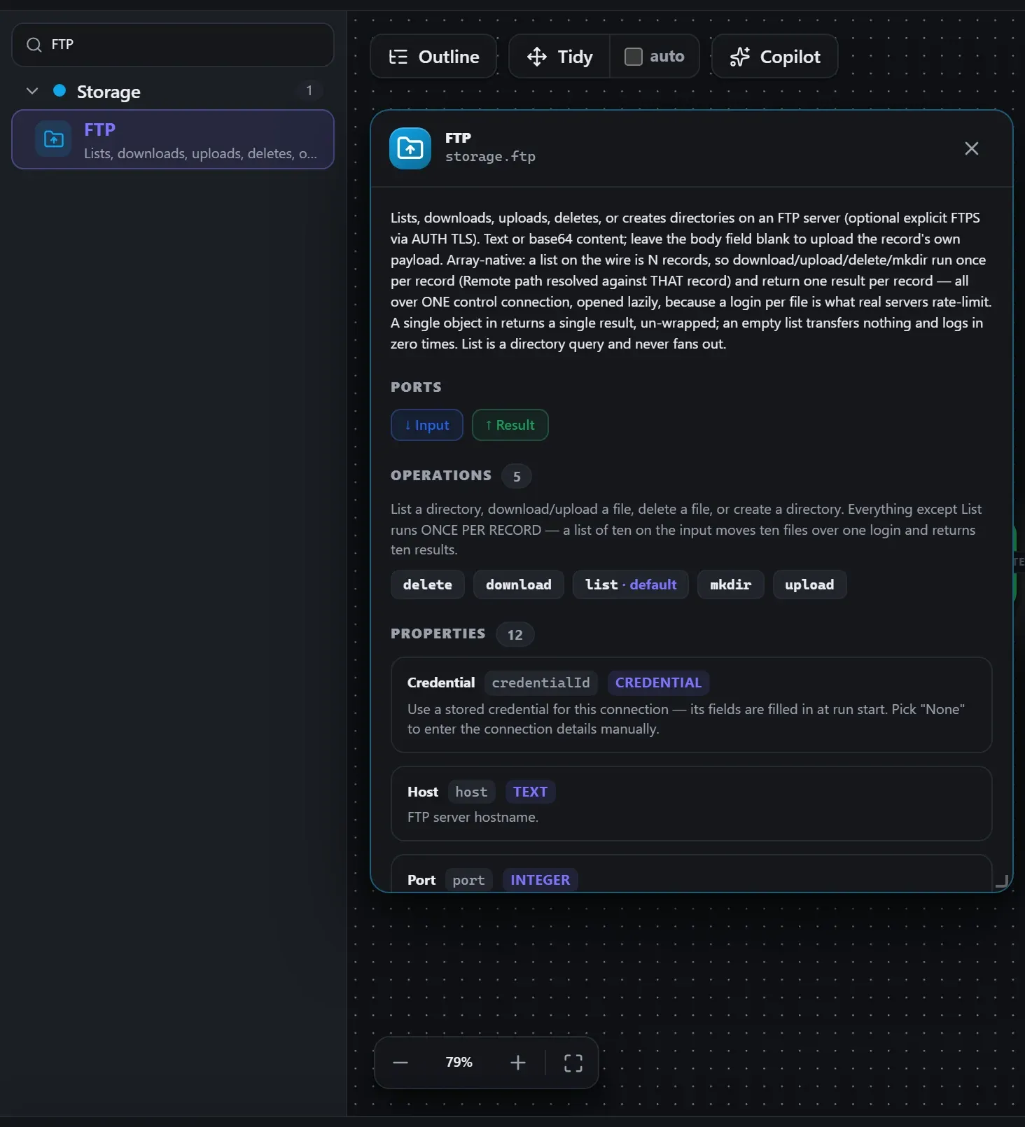FTP in the node library, with the in-editor docs panel open