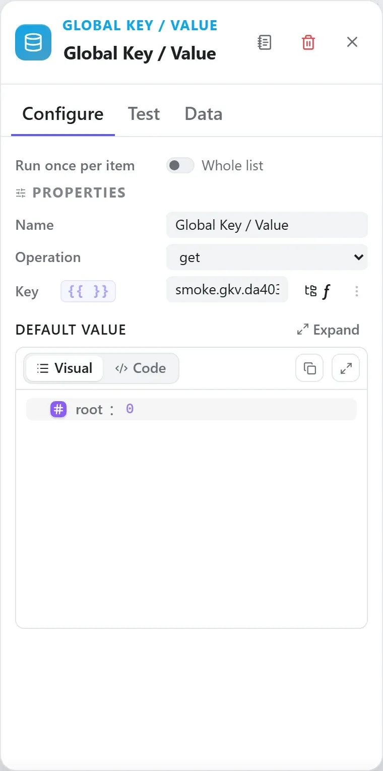 The Global Key / Value node's settings in the Studio builder