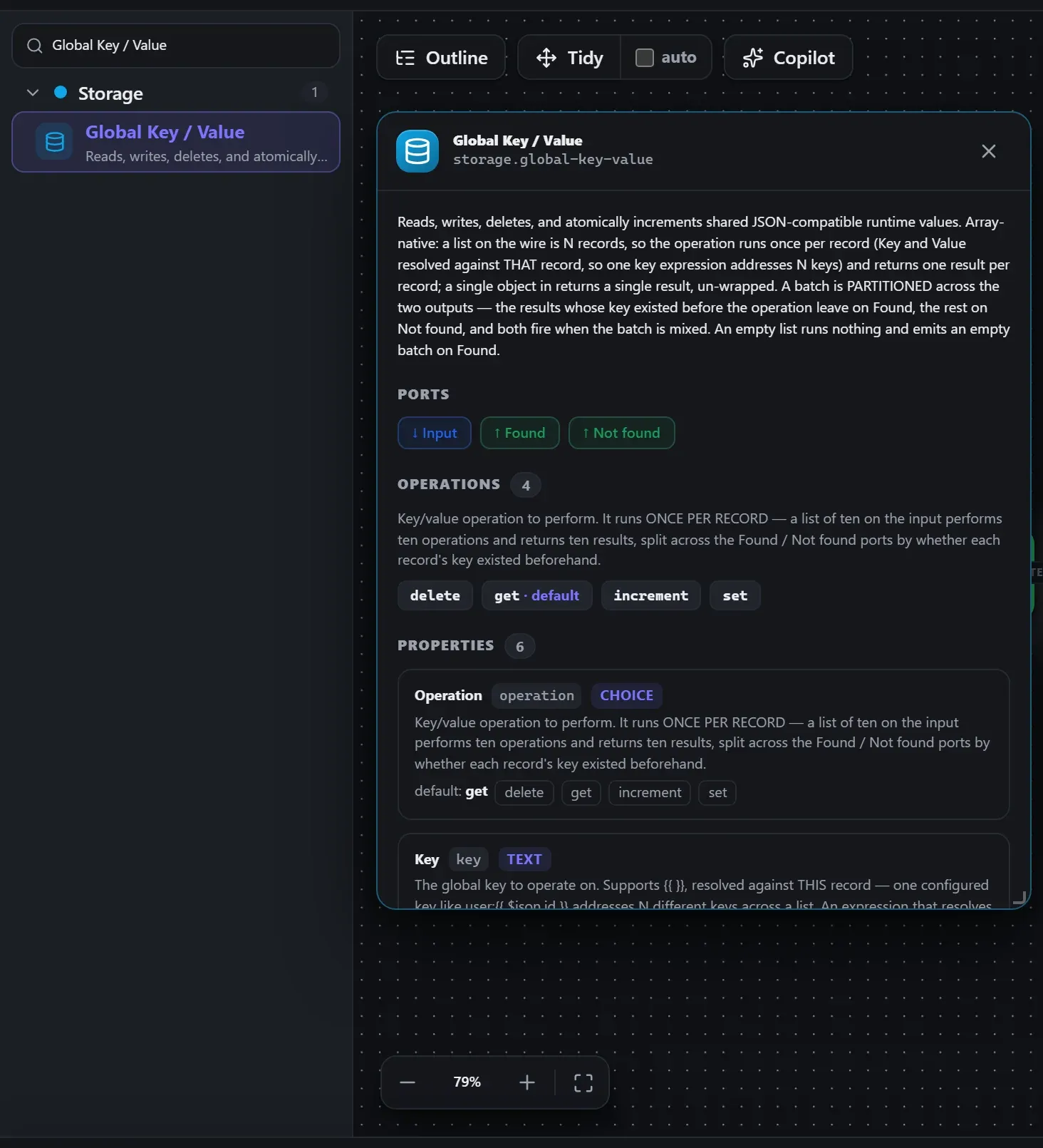 Global Key / Value in the node library, with the in-editor docs panel open