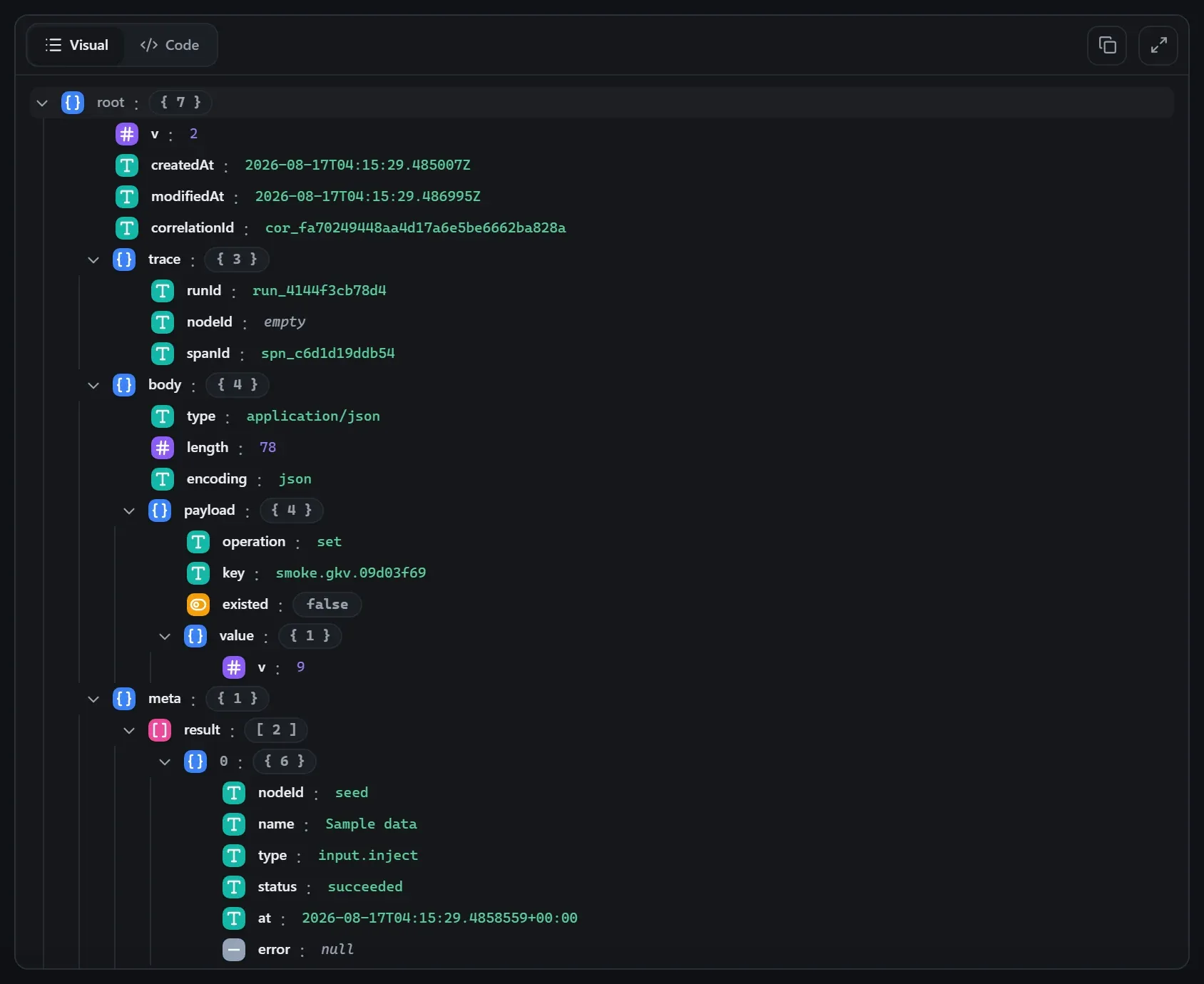 The Global Key / Value node's input envelope in the run data viewer