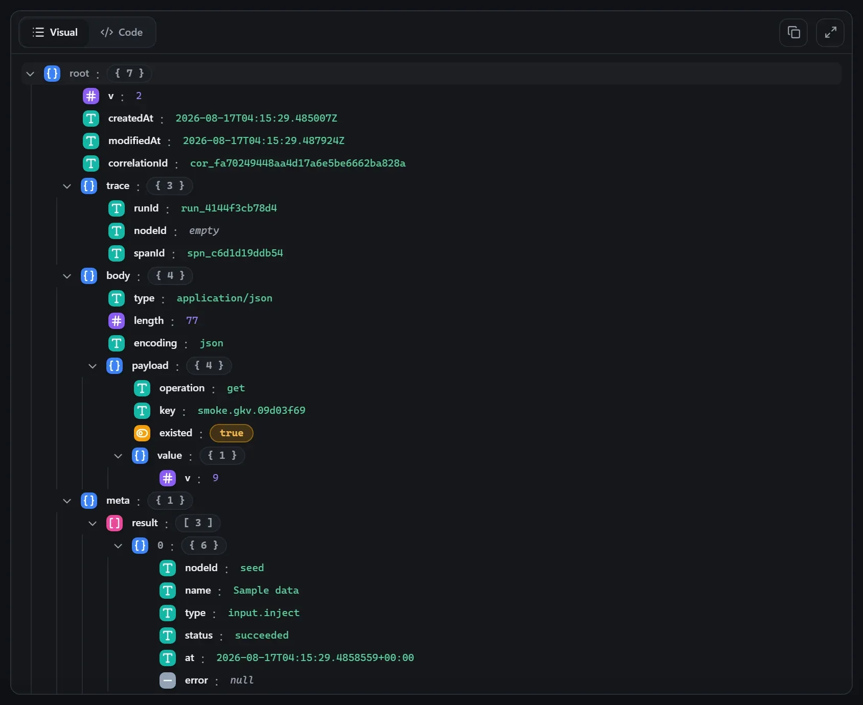 The Global Key / Value node's output envelope in the run data viewer