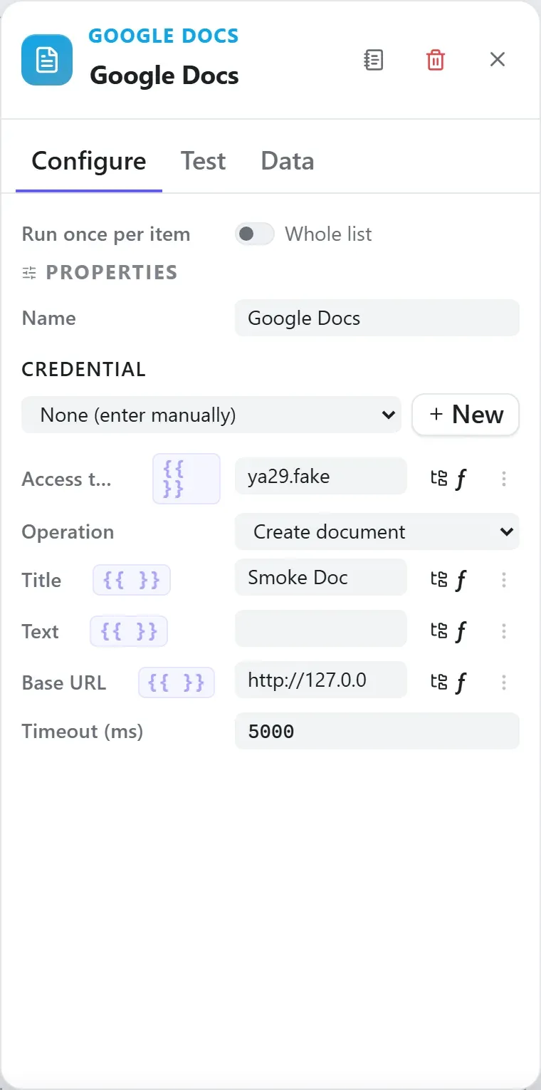 The Google Docs node's settings in the Studio builder