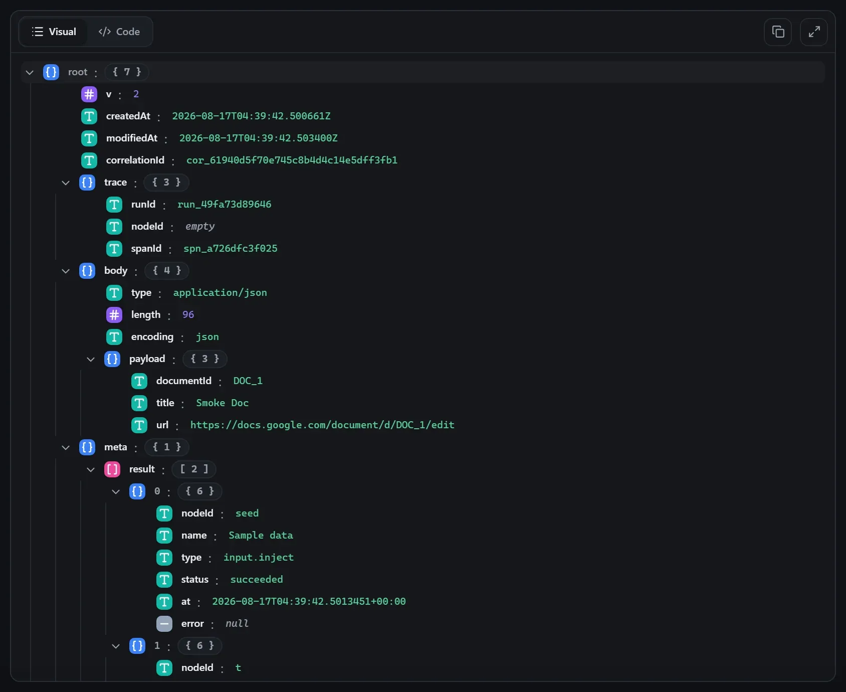 The Google Docs node's output envelope in the run data viewer