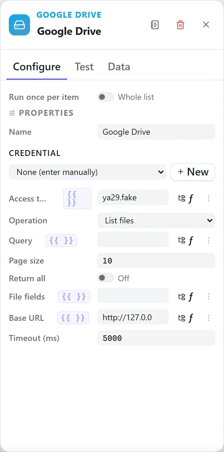 The Google Drive node's settings in the Studio builder