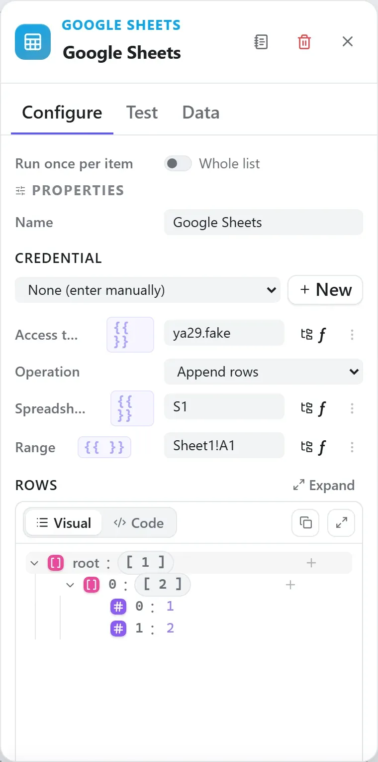 The Google Sheets node's settings in the Studio builder