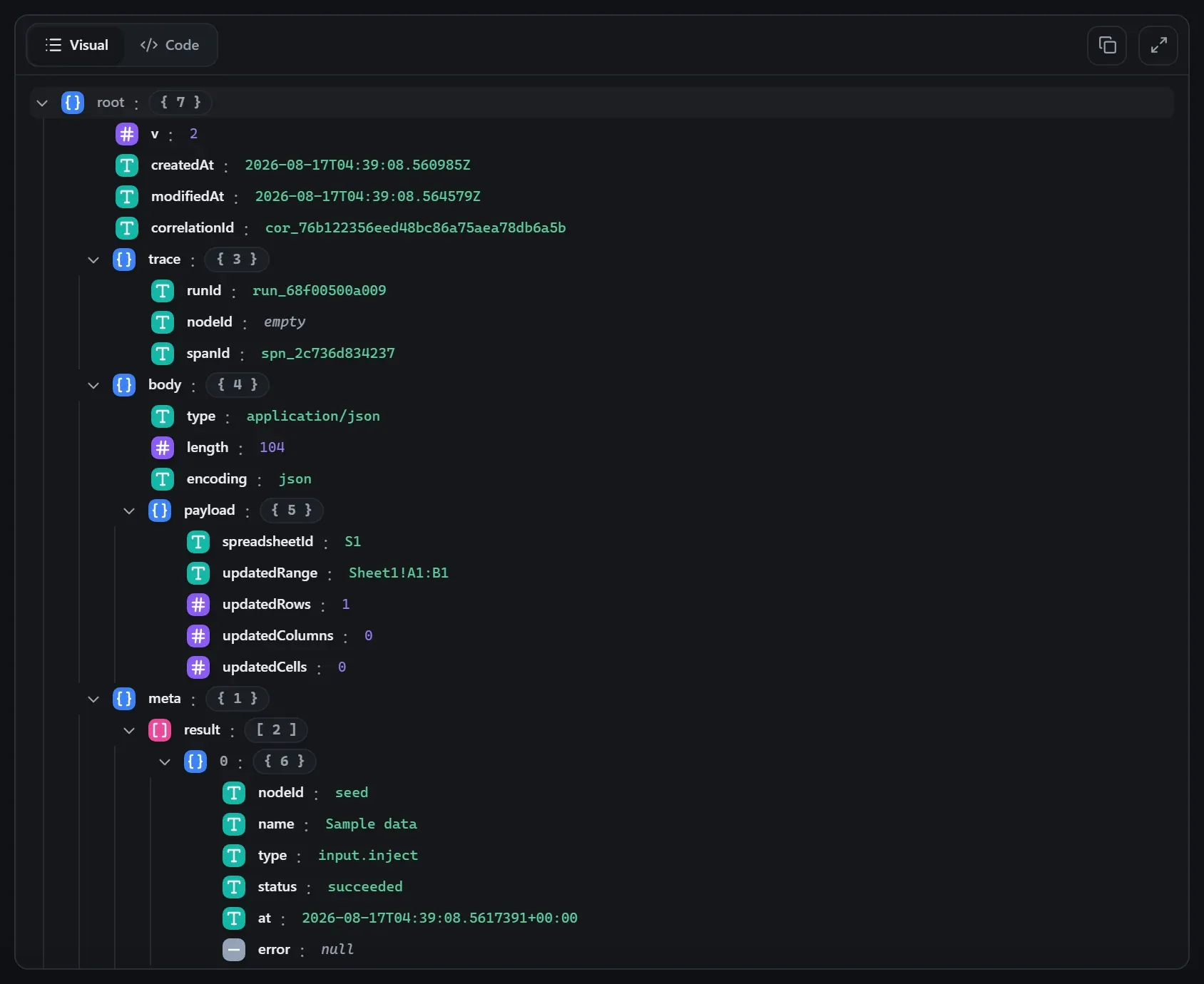 The Google Sheets node's output envelope in the run data viewer