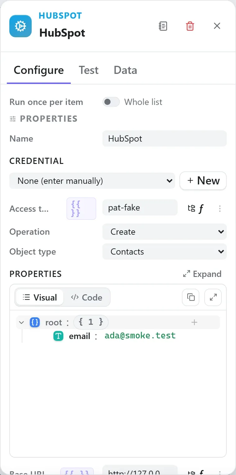 The HubSpot node's settings in the Studio builder