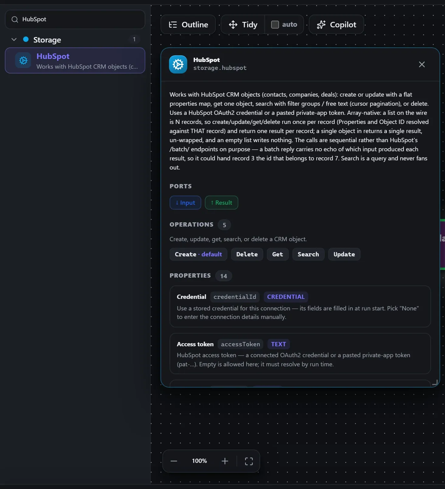 HubSpot in the node library, with the in-editor docs panel open