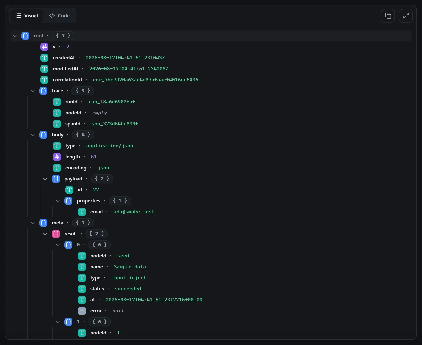 The HubSpot node's output envelope in the run data viewer