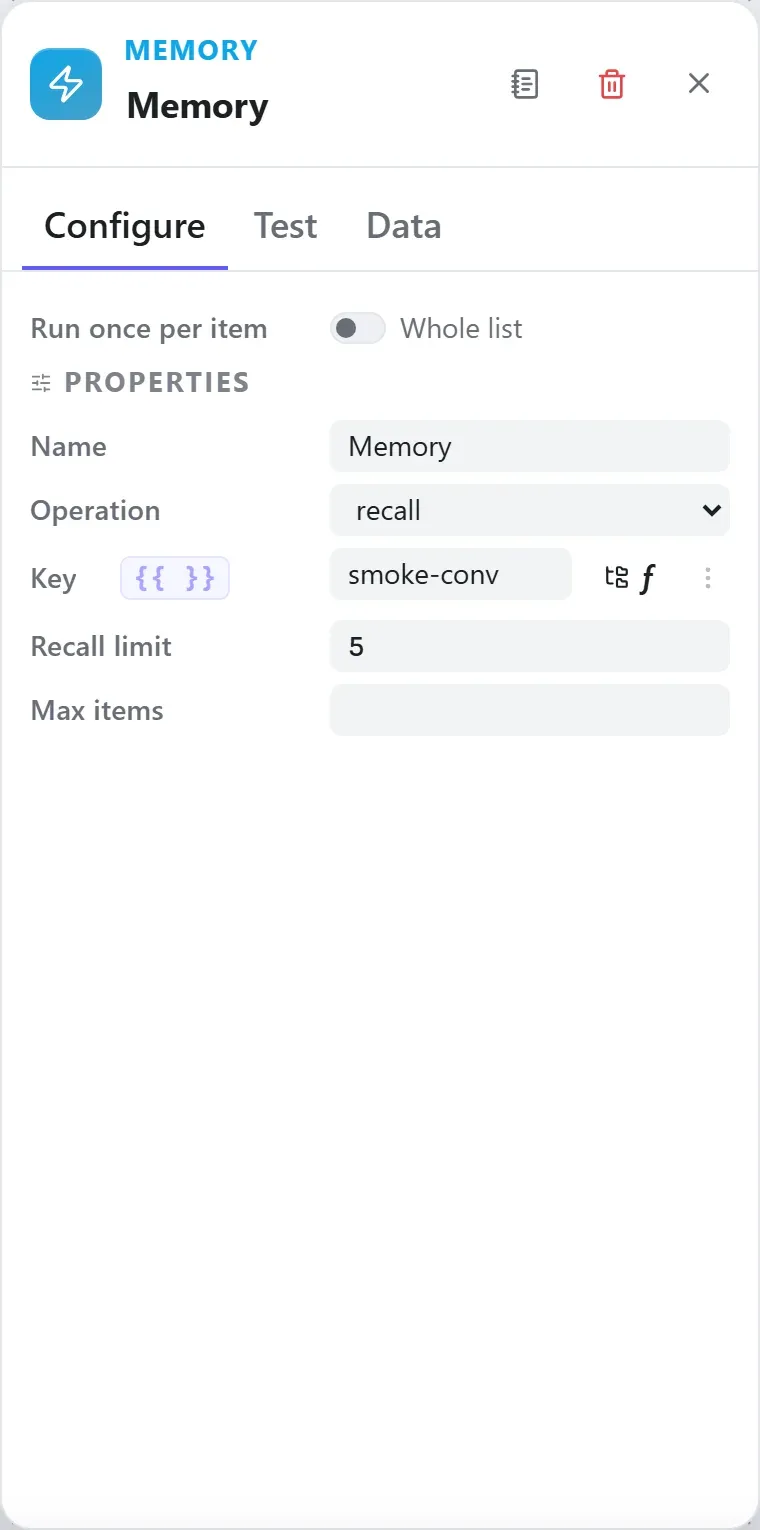 The Memory node's settings in the Studio builder