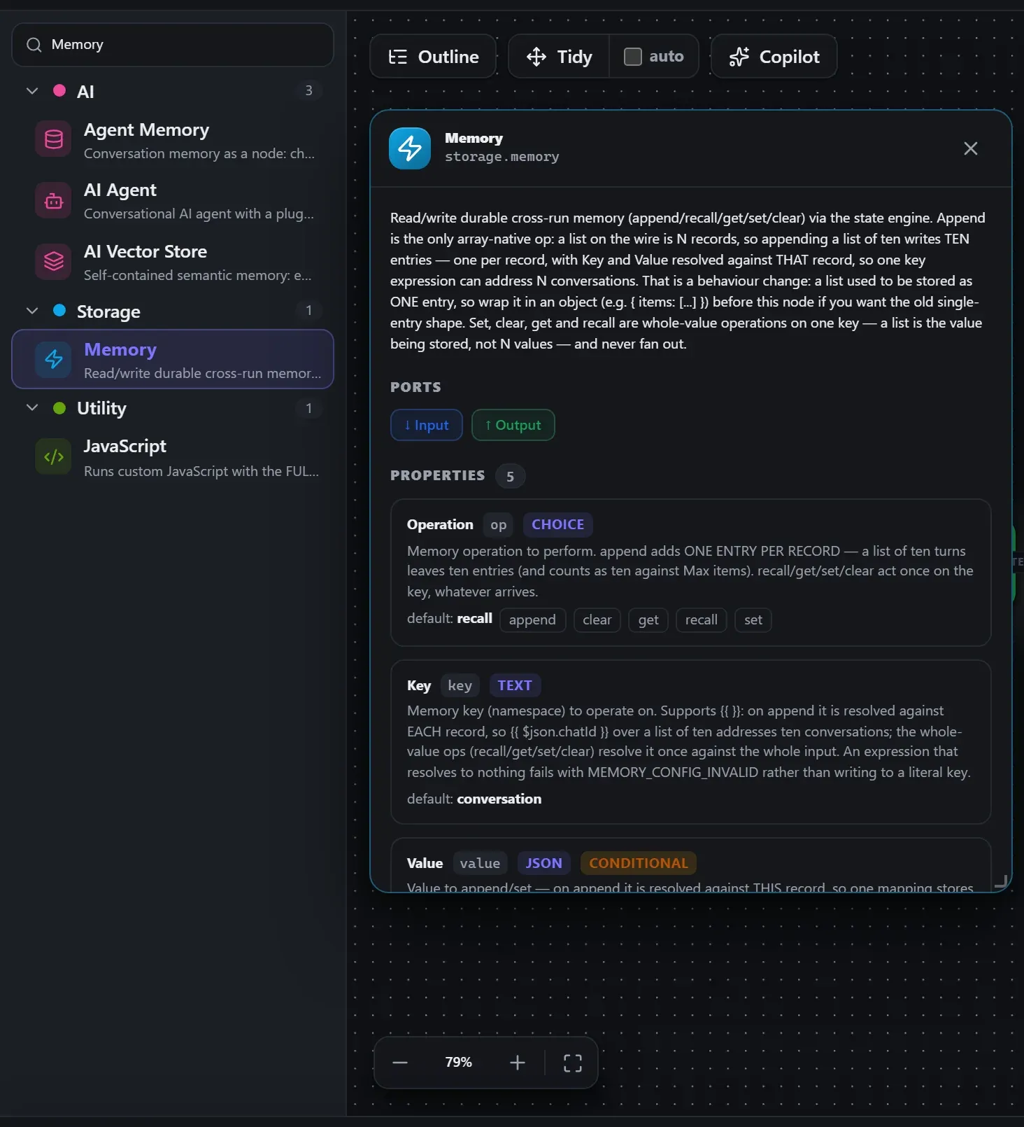 Memory in the node library, with the in-editor docs panel open